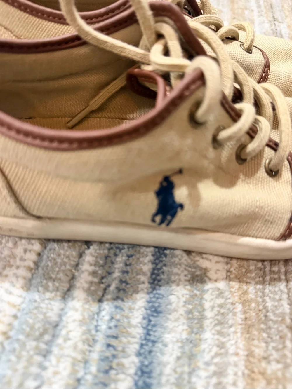 Polo by Ralph Lauren Tan Canvas Boat Shoes with Brown Trim